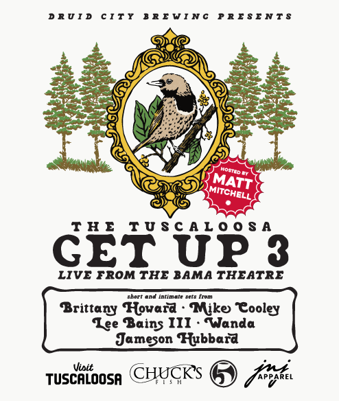 The Getup logo. A yellowhammer inside of a gold frame with a set of trees on either side